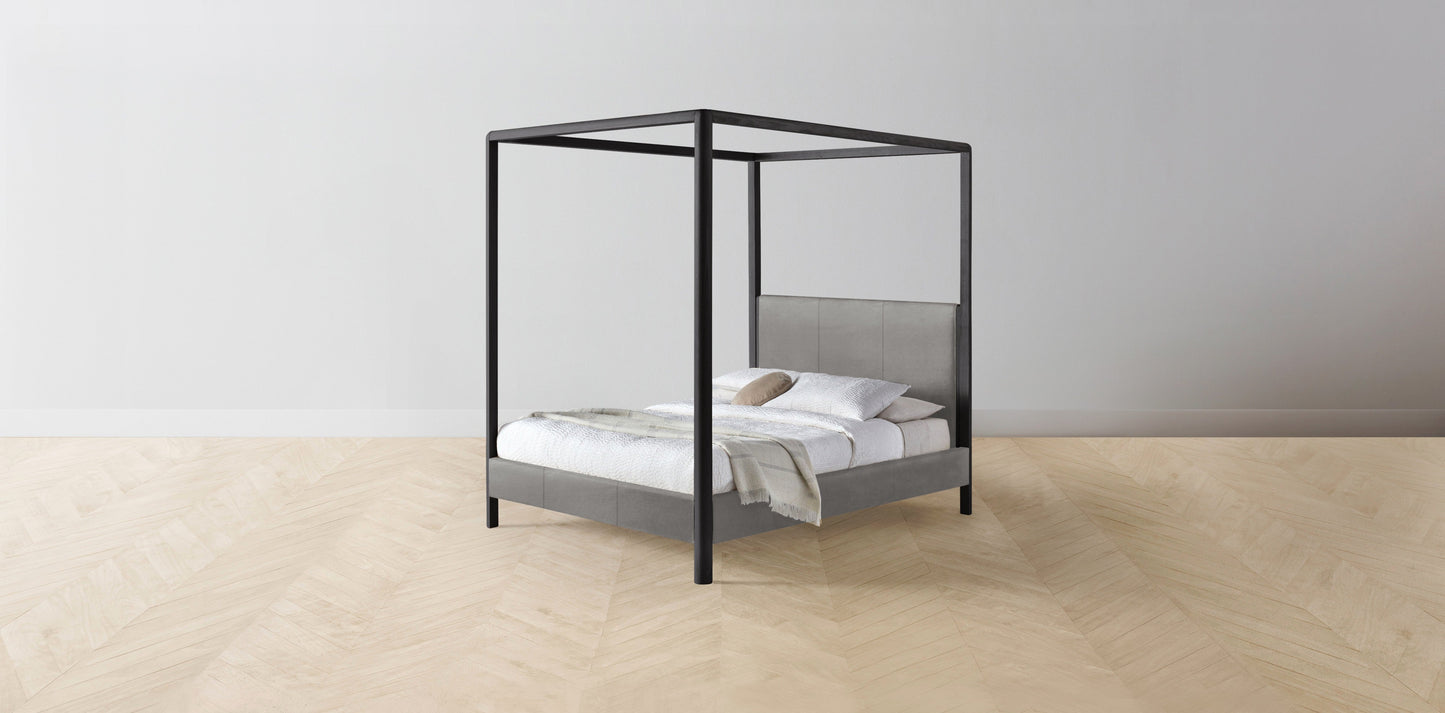The Thompson - Nubuck Leather Asphalt Canopy Bed - 48" Headboard - Muslin on reverse