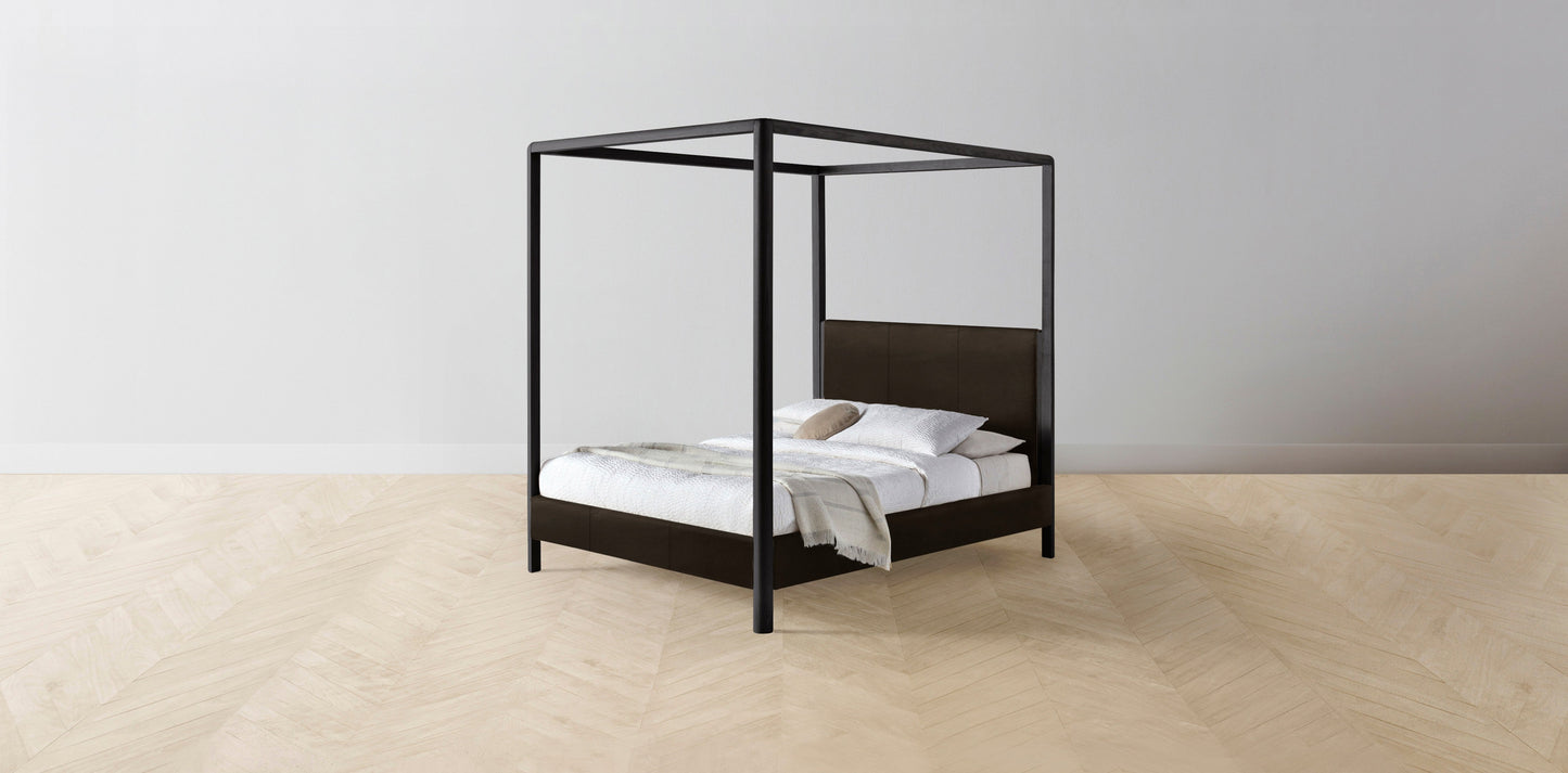 The Thompson - Nubuck Leather Espresso Canopy Bed - 48" Headboard - Muslin on reverse