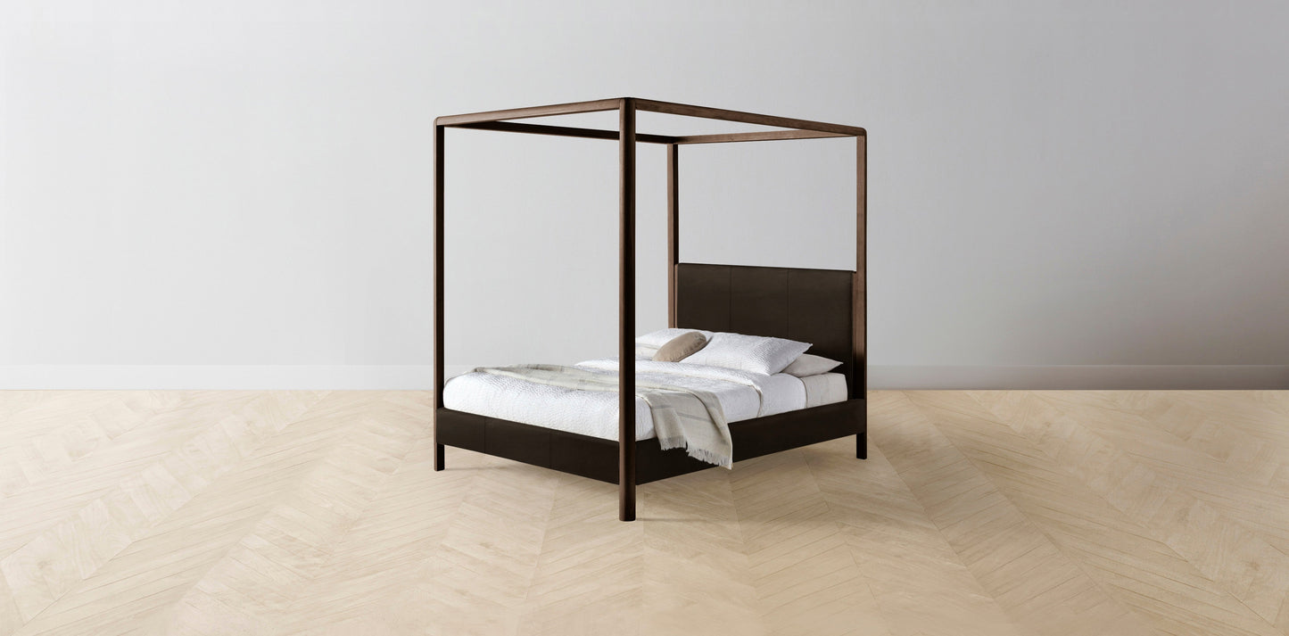 The Thompson - Nubuck Leather Espresso Canopy Bed - 48" Headboard - Muslin on reverse