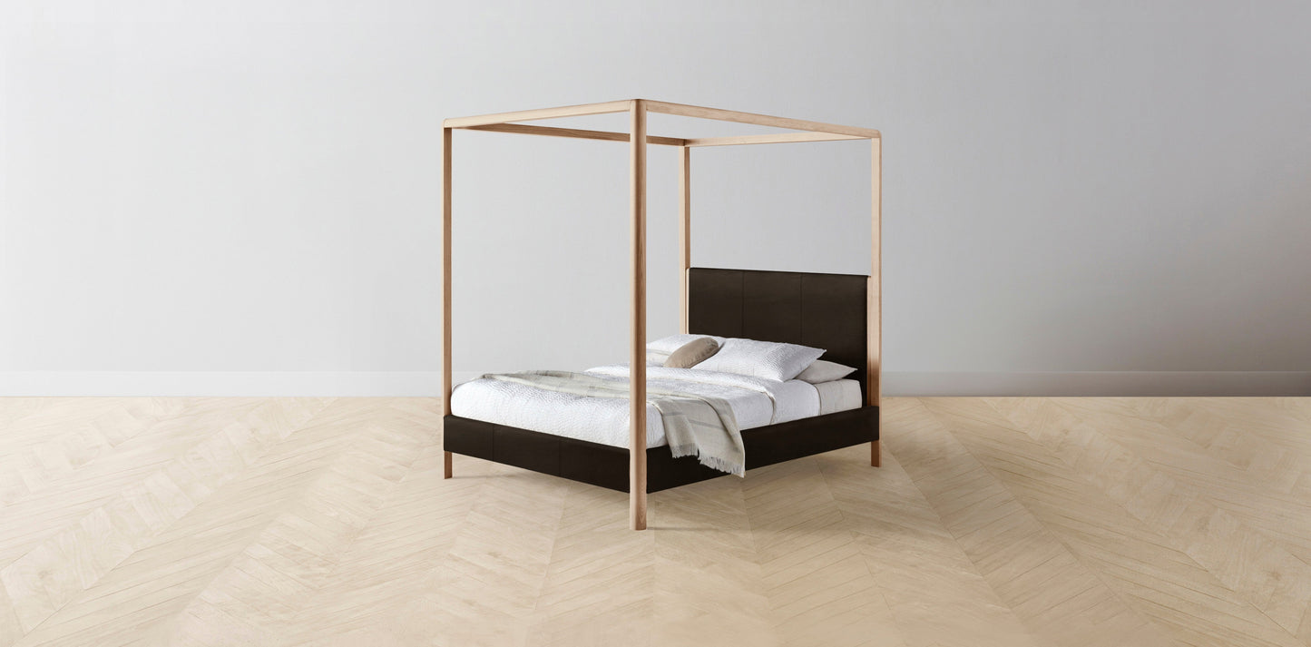 The Thompson - Nubuck Leather Espresso Canopy Bed - 48" Headboard - Muslin on reverse