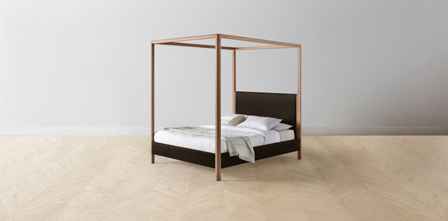 The Thompson - Nubuck Leather Espresso Canopy Bed - 48" Headboard - Muslin on reverse