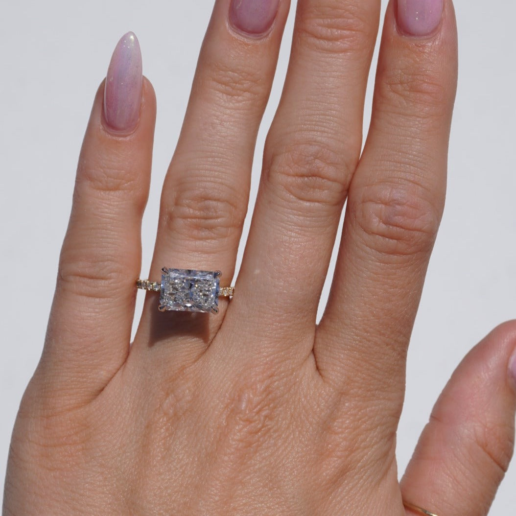 Stunning 4.06 CT East West Radiant Moissanite Engagement Ring with Hidden Halo & Pave Design 2